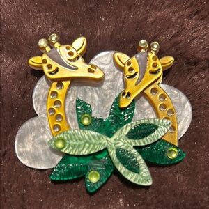 Oversized 3-D Acrylic Giraffe Brooch with Green Leaves